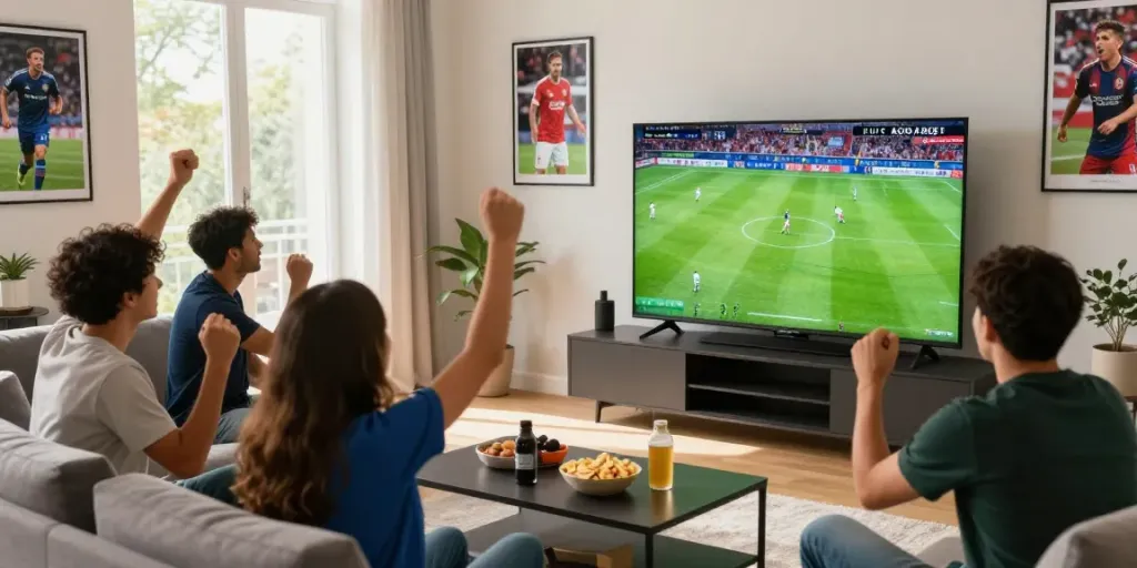 Excited fans enjoying a live soccer match on Socolive in a dynamic home setting.