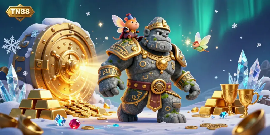 Experience exciting gameplay at TN88 with a magical 3D illustration of a golem guardian and treasures.