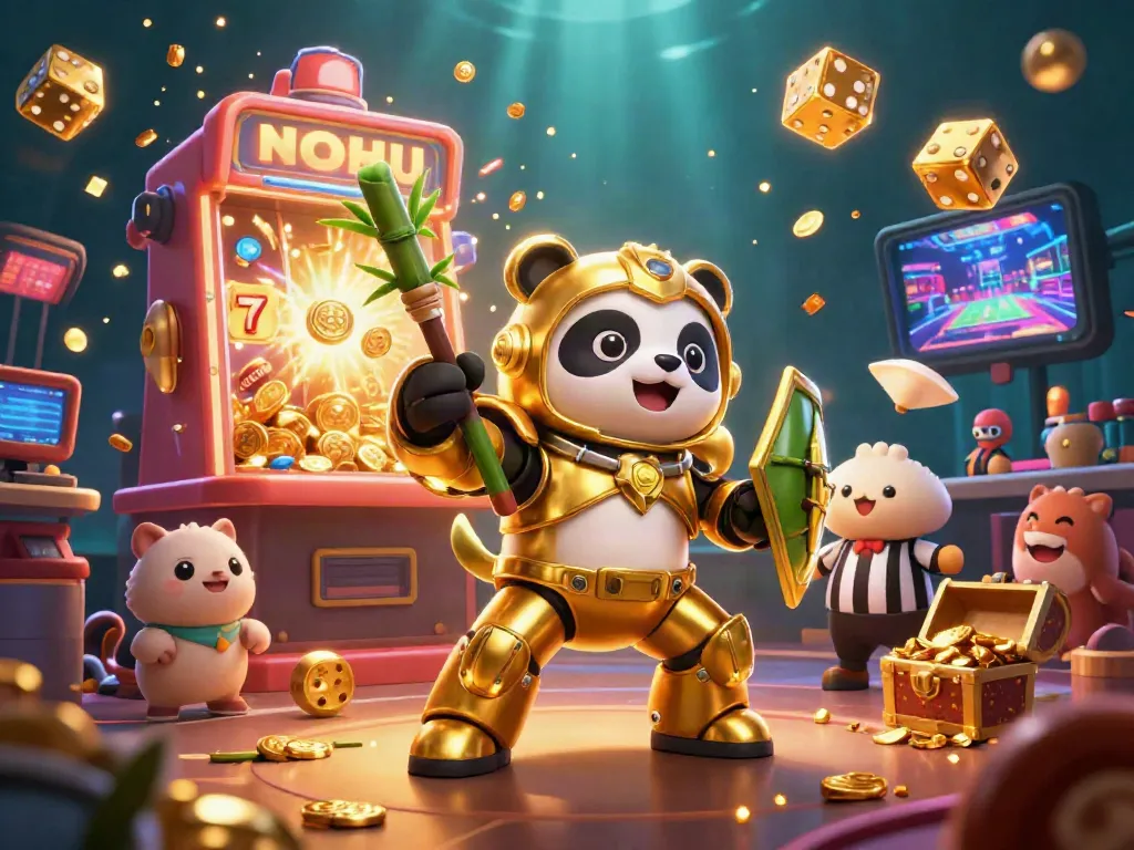 Spin to win big at NOHU with a vibrant 3D casino illustration showcasing a golden panda mech in a jackpot explosion atmosphere.