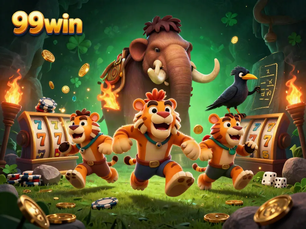 Experience thrilling gameplay at 99win with vibrant characters in a prehistoric casino setup.