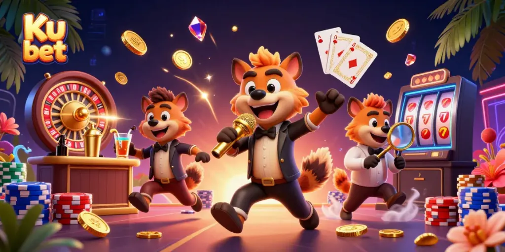 Experience the thrill of Ku bet with lively casino characters in a vibrant gambling scene.