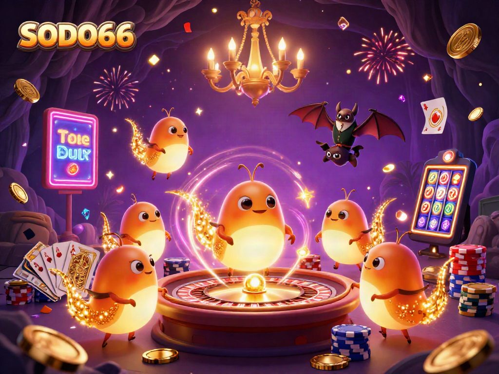 SODO66 casino scene with glowing glowworms highlighting games and celebrating wins with exciting elements.