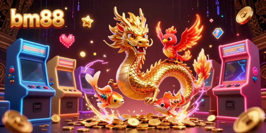 Experience the thrill of bm88 with a powerful dragon, phoenix, and koi fish in a vivid casino scene.