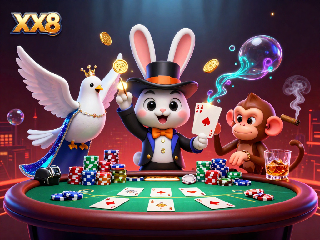 Engaging scene featuring XX8 brand with cartoon characters pulling coins and poker elements.