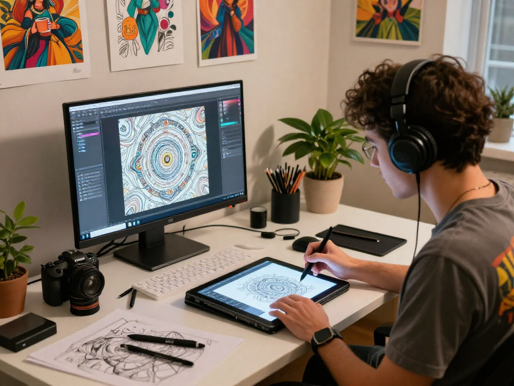NSFW AI artist creating vibrant digital artwork in a contemporary studio setting, showcasing the innovative fusion of technology and creativity.