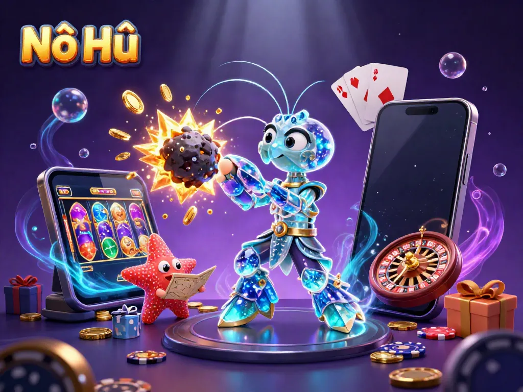 Nổ Hũ showcases an epic underwater scene with a galactic samurai shrimp exploding an asteroid into gold, surrounded by gaming elements.