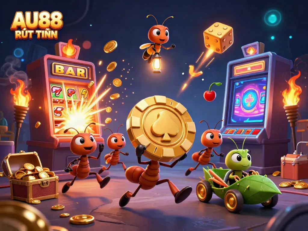Experience the thrill of AU88 RÚT TIỀN with a heist-themed showdown featuring ants and vibrant casino elements.