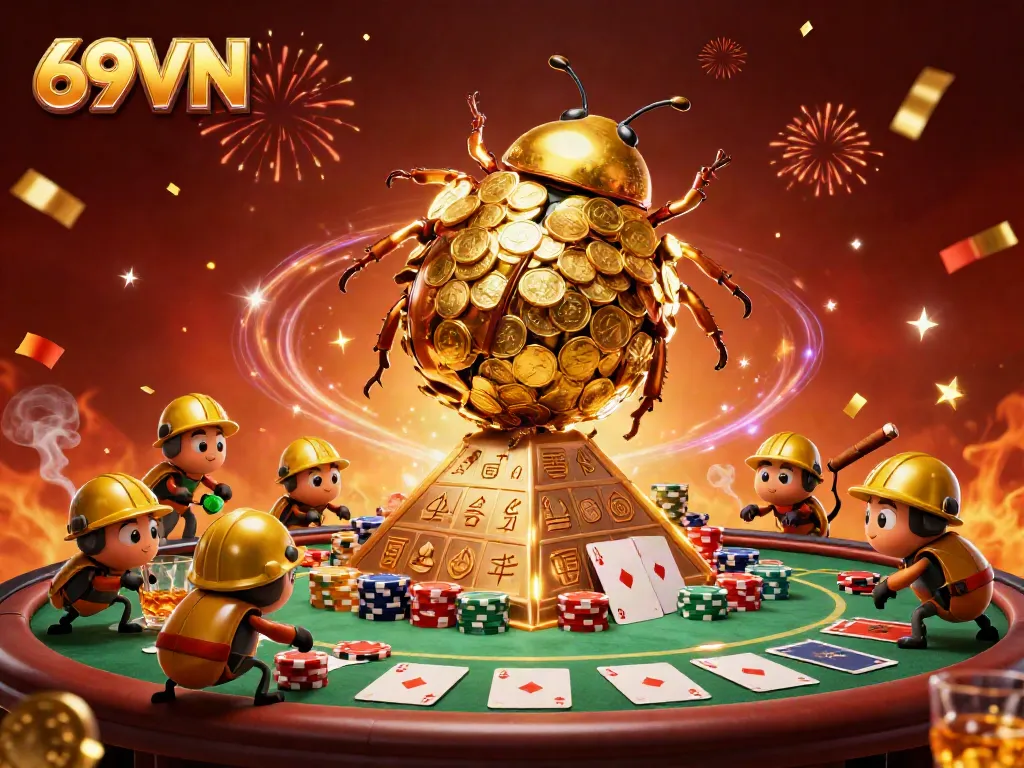 Experience thrilling game action with 69VN's vibrant illustrated casino scene filled with golden coins and poker elements.