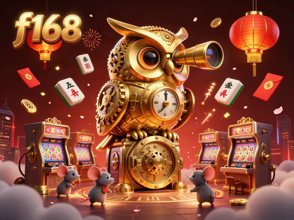 Experience the thrill of f168 with a vibrant casino scene featuring a majestic owl and excited mouse patrons.