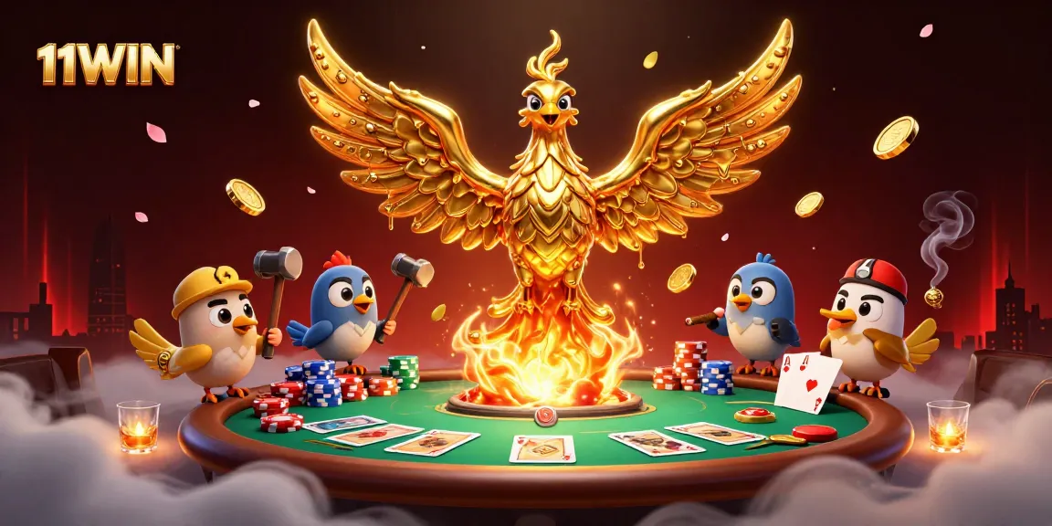 Engage with thrilling gaming action at 11WIN featuring golden phoenix, poker, and vibrant casino elements.