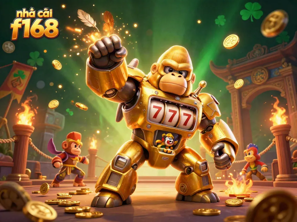 Engage with nhà cái f168 in an ultra-detailed 3D casino illustration featuring a golden gorilla mech.
