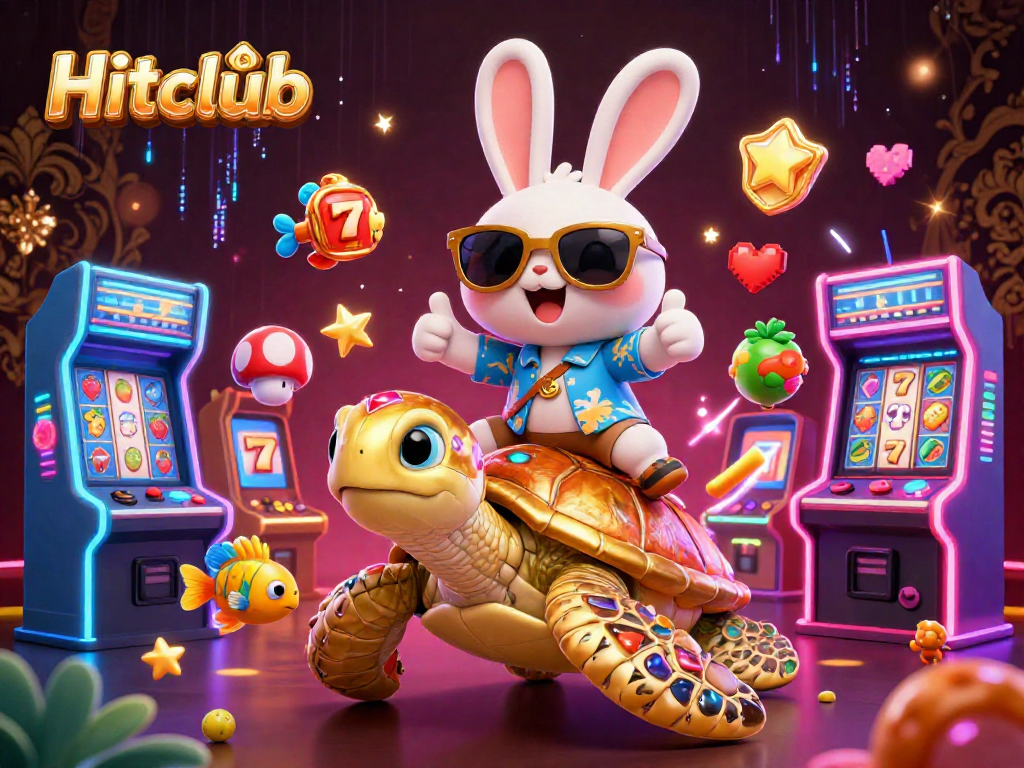 Engage with Hitclub's vibrant casino scene featuring animated characters and neon slots.