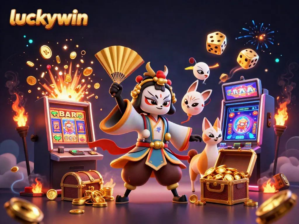 Experience the excitement of luckywin with a dynamic 3D illustration showcasing casino elements and characters.