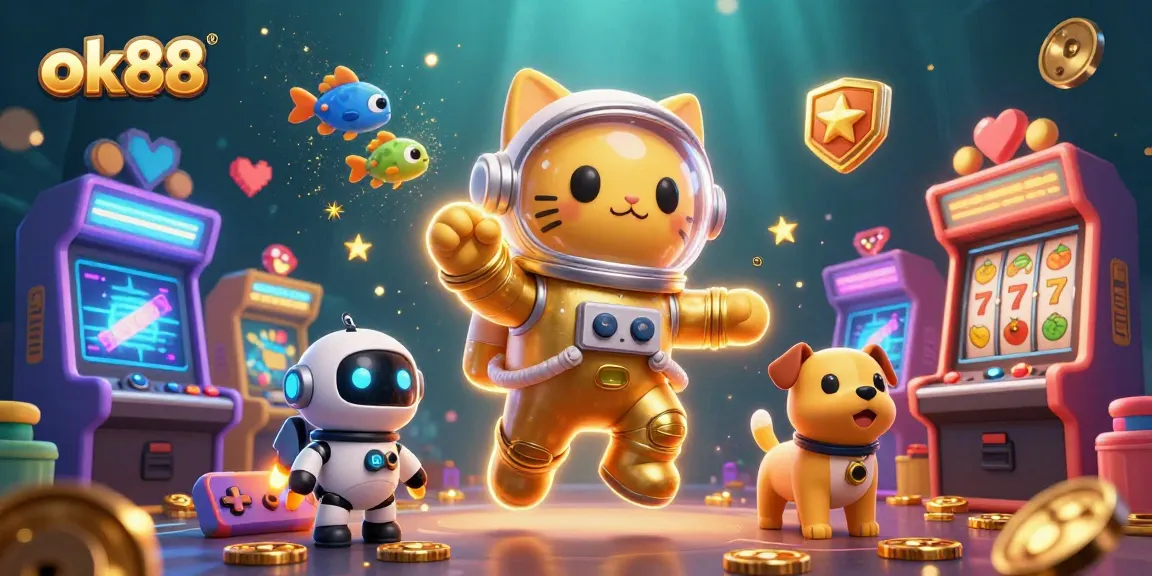 Win big at ok88 with a vibrant scene of a cosmic casino adventure featuring 3D characters and gaming elements.