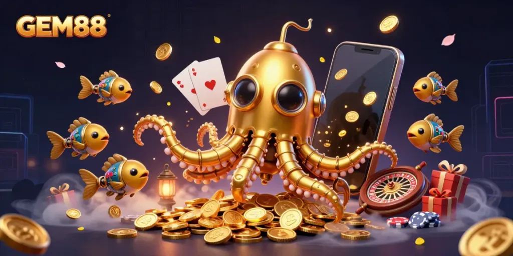 Experience the excitement of GEM88 with a cartoon kraken and colorful casino elements bursting with energy.