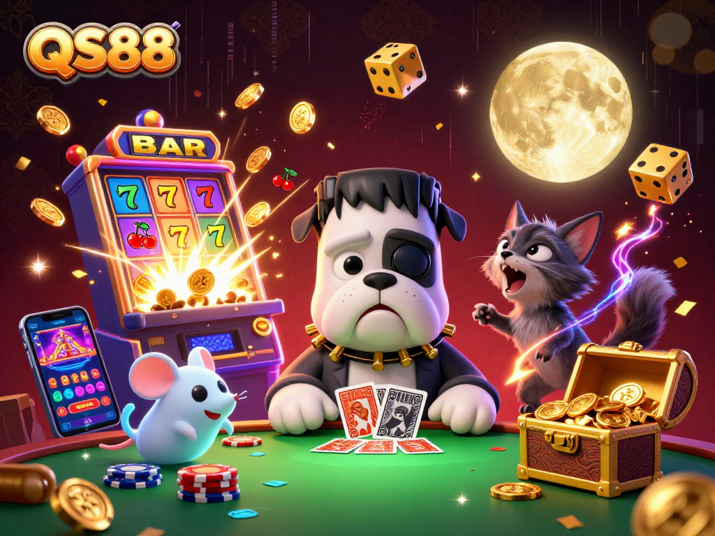 Experience thrilling gameplay at QS88 with an energetic 3D casino illustration featuring unique characters and exciting game elements.
