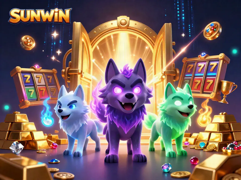 Engage with SUNWIN's exciting slots; a dynamic scene featuring glowing wolves and treasures.