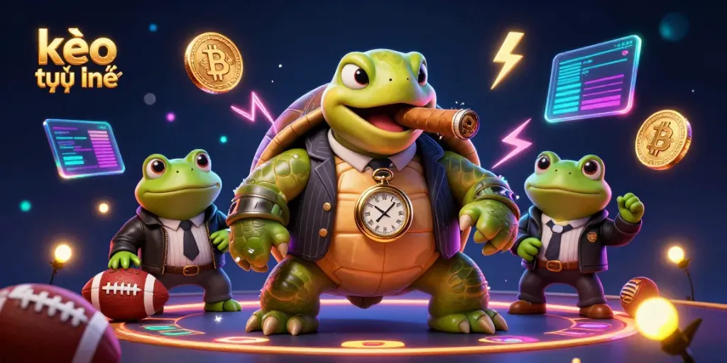 Engage with kèo trực tuyến betting action featuring a cartoon turtle mobster and bullfrog enforcers in a rich casino setting.