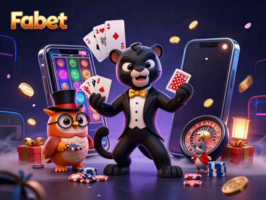 Engage in thrilling casino gameplay with Fabet's vibrant 3D illustration featuring dynamic characters and game elements.