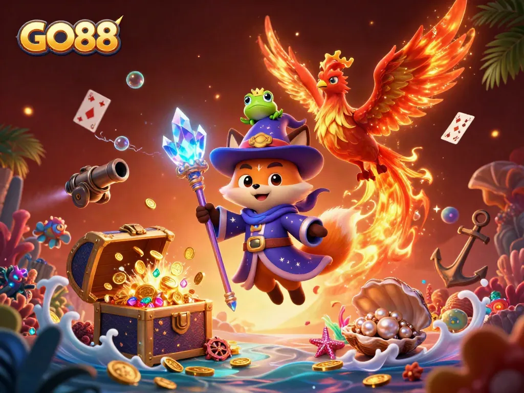 Experience thrilling games at GO88, featuring a vibrant magical scene with engaging game elements.