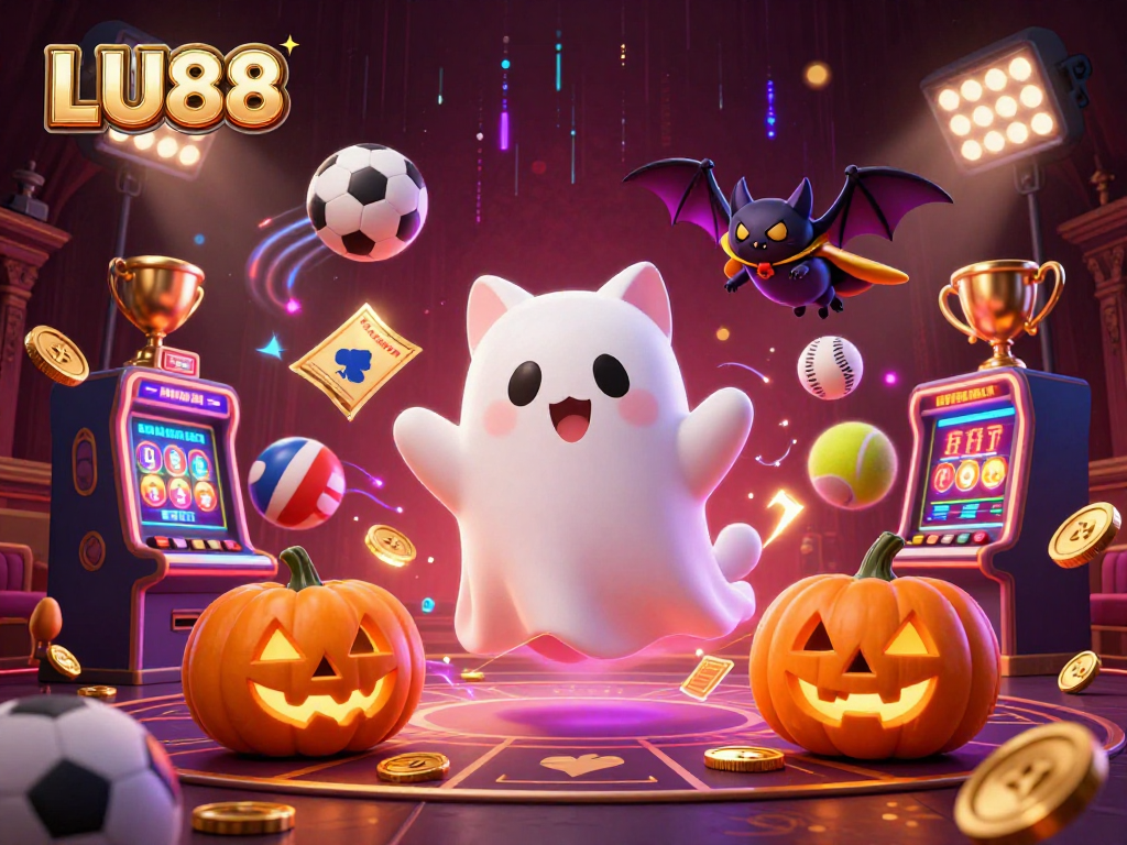 Experience thrilling gaming at LU88 with a friendly ghost cat and vibrant casino elements.
