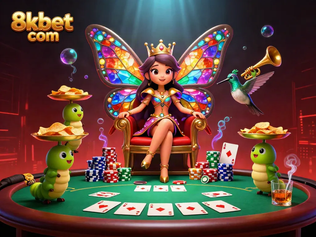 Engage with the vibrant 8xbet com casino scene featuring a butterfly queen and poker elements.
