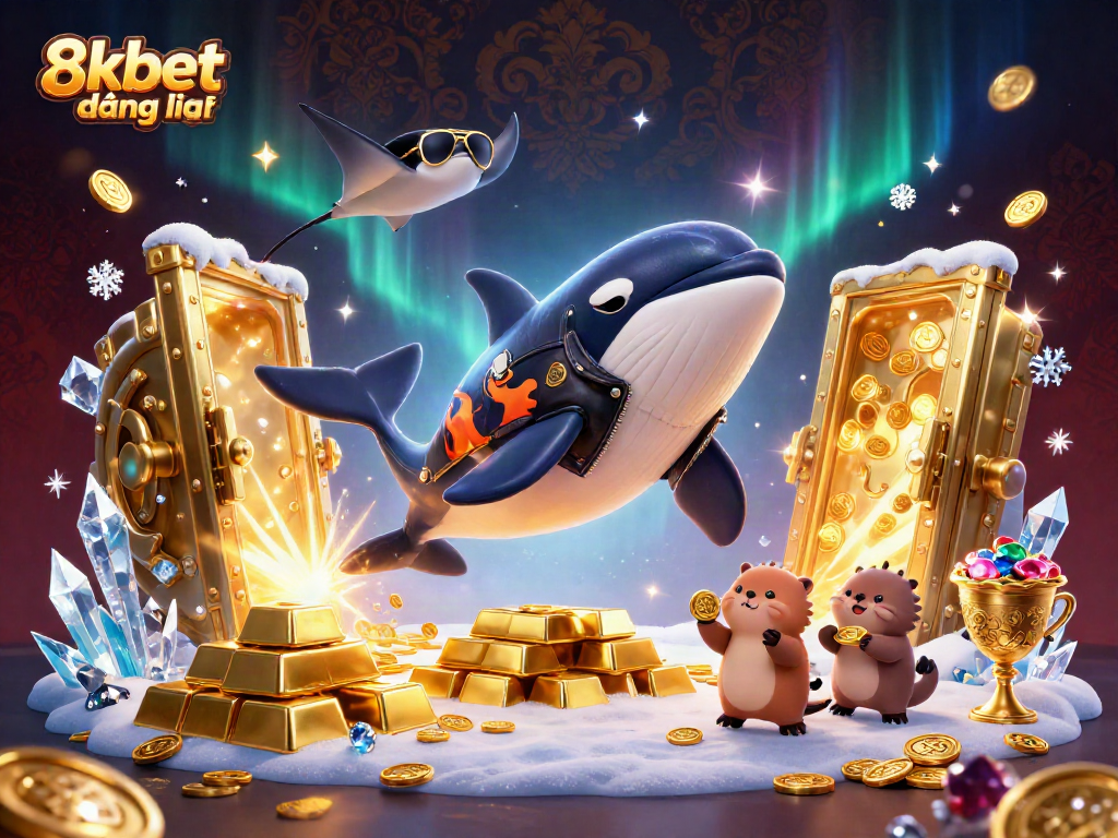 Experience the excitement of 8xbet đăng nhập with playful characters and dazzling treasures in a vibrant casino scene.