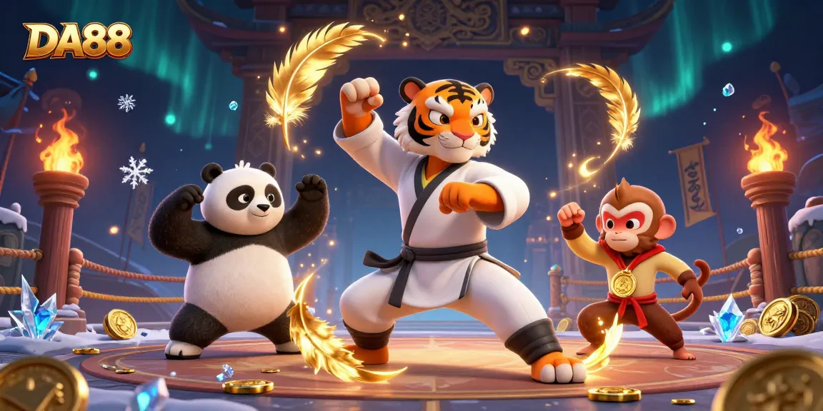 Engaging DA88 online casino scene featuring a fun kung fu tiger master teaching a panda while a monkey steals a golden medal.