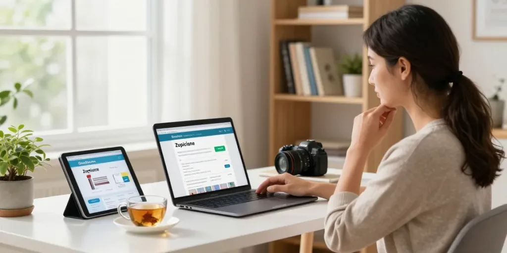 Purchase Zoplicone online in a cozy home office setting with a woman browsing e-commerce options.