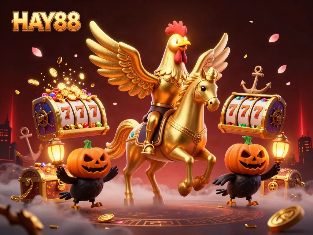 Experience electrifying gaming at HAY88 with a golden rooster and immersive casino elements.