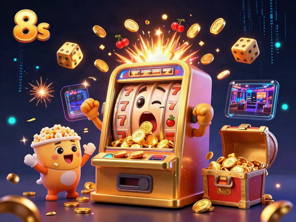 Experience the excitement of 8s slot gaming with a golden slot machine hitting the jackpot amidst a vibrant casino scene.
