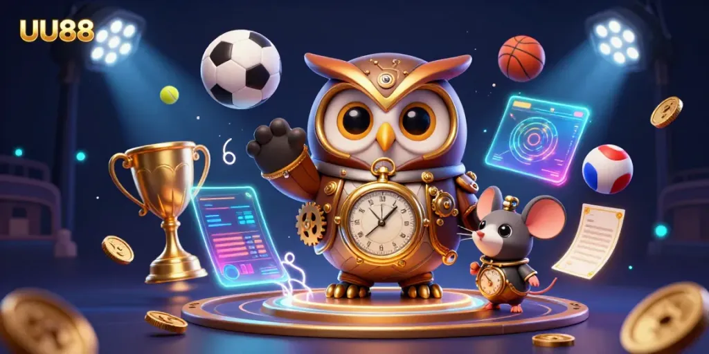Experience thrilling moments in the UU88 casino with a lively 3D illustration showcasing sports betting excitement.