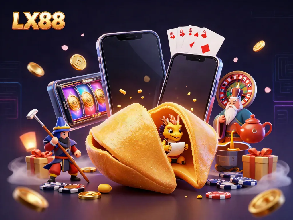 Experience the thrilling world of LX88 with a golden fortune cookie and magical elements in this vibrant casino scene.