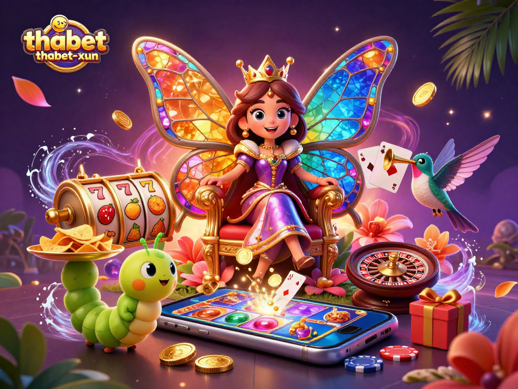 Spin the reels of thabetthabet-xun with the butterfly queen's magical casino scene featuring vibrant games and treasures.