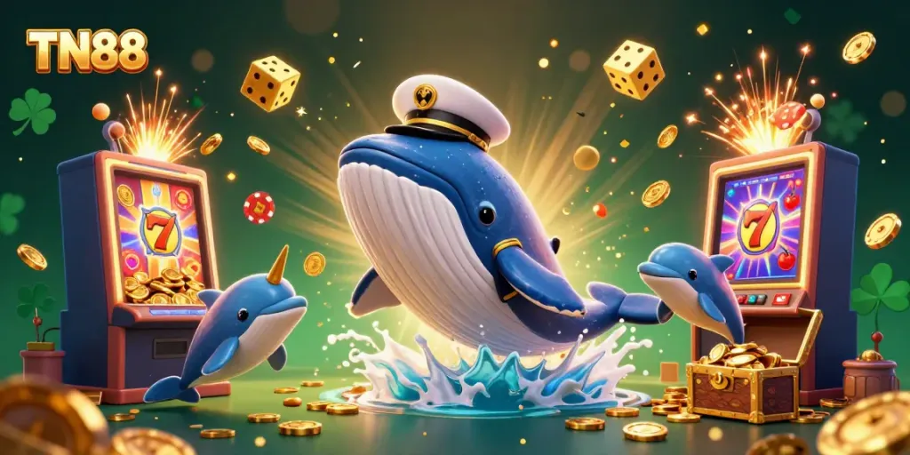 Engaging TN88 casino scene featuring a vibrant whale and dolphins amidst a sea of coins.