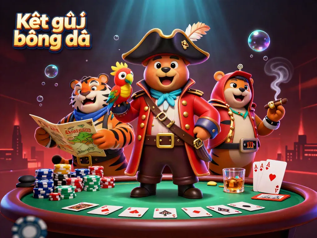 Kết quả bóng đá interactive scene showcasing a pirate bear with companions amidst casino elements, emphasizing gaming excitement.