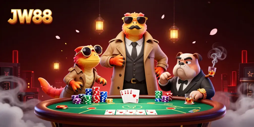 JW88 cartoon raptors enter a VIP casino, featuring poker chips, vibrant game elements, and a bouncer.