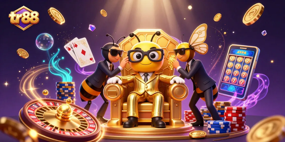 tr88 showcases a vibrant 3D illustration of a bee mob boss in a casino setting, featuring golden coins, cards, and roulette.