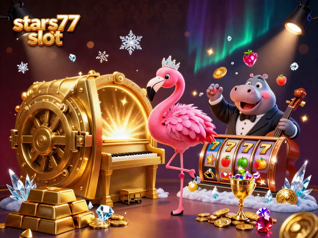 Bermain di stars77 slot dengan suasana ceria dari pelawak flamingo dan hippo di kasino yang penuh kemewahan.