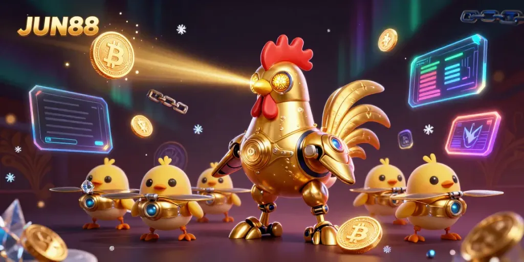 Engage with JUN88's vibrant gaming atmosphere featuring a golden rooster robot and baby chick drones.
