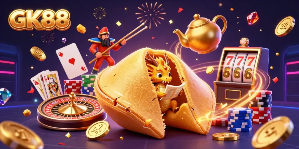 Experience GK88 with a vibrant casino scene featuring a golden fortune cookie, a wise dragon, and dynamic gaming elements.