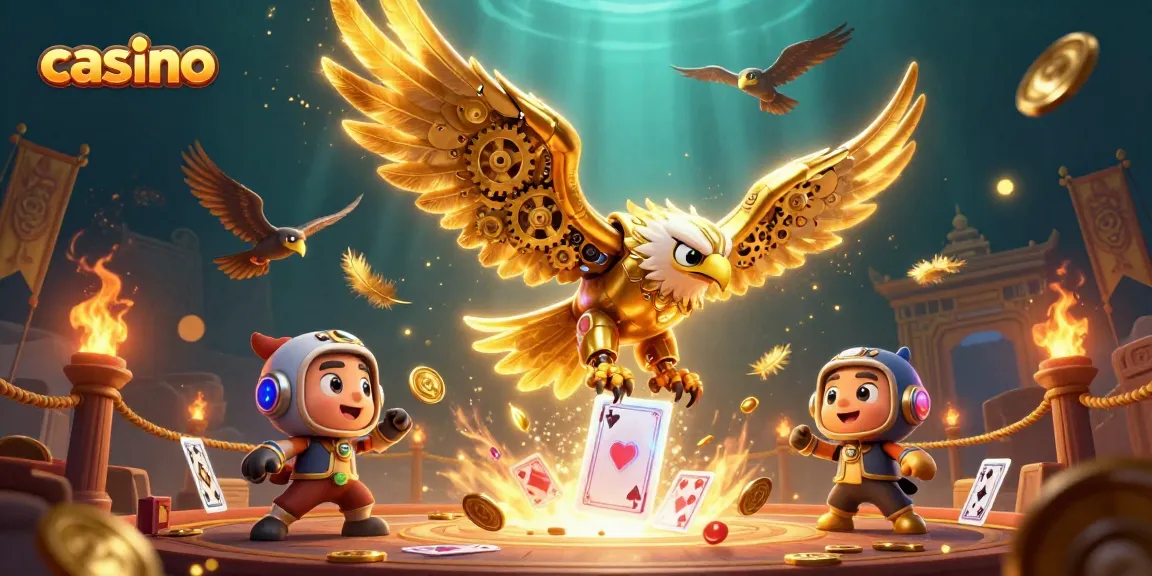 Experience thrilling casino adventures with a cybernetic eagle amidst holographic cards.