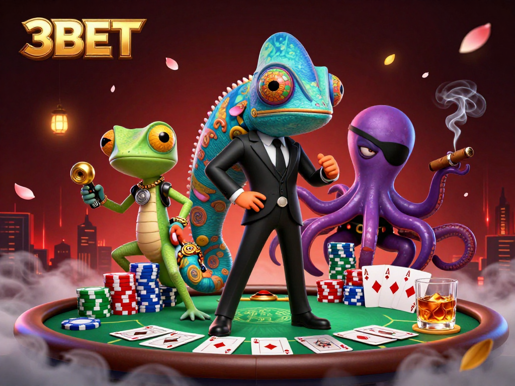 Experience thrilling action at 3BET with a vibrant casino-themed illustration featuring unique characters.