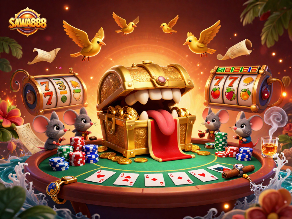 Experience thrilling wins at SAWA888 with dynamic slot reels, luring treasure chests, and soaring golden birds.