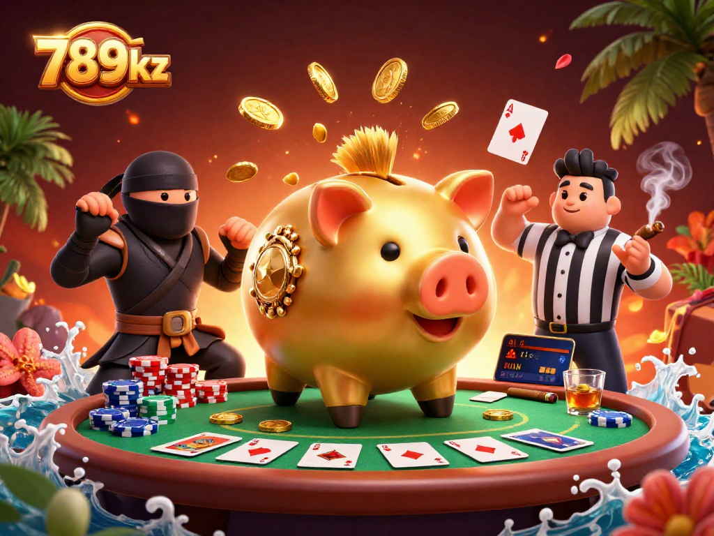 Engage with 789kz's thrilling gaming scene featuring cartoon characters and vibrant casino elements.
