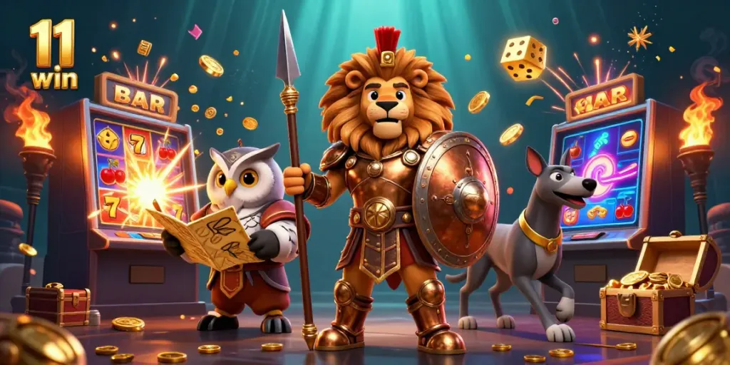 Discover the thrilling 11 win online casino with vibrant characters amidst slot machine excitement.