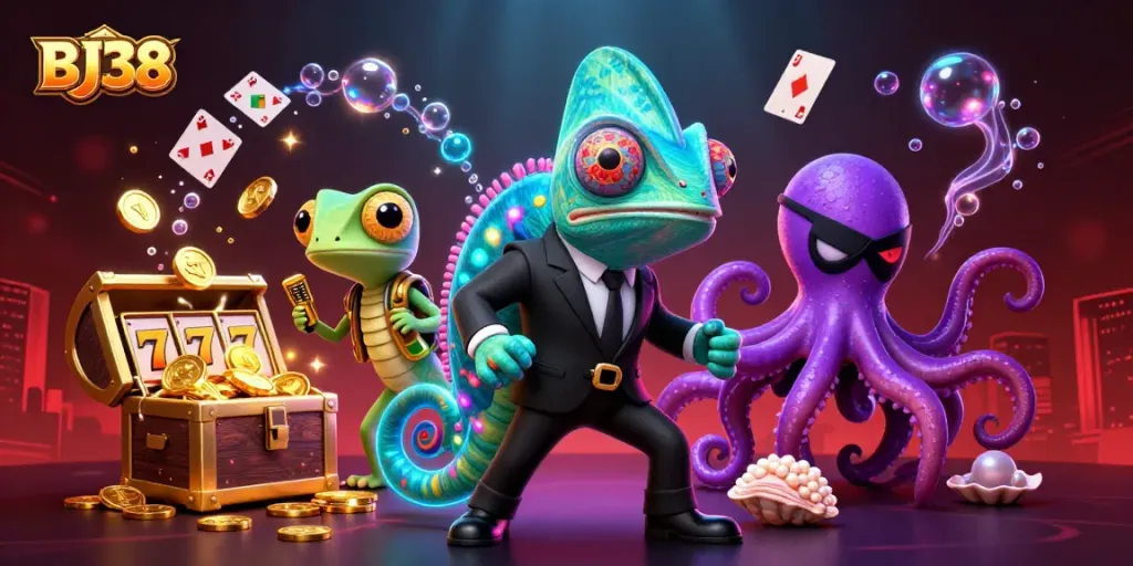 Experience thrilling gameplay with BJ38 featuring a secret agent chameleon in a vibrant casino setting.
