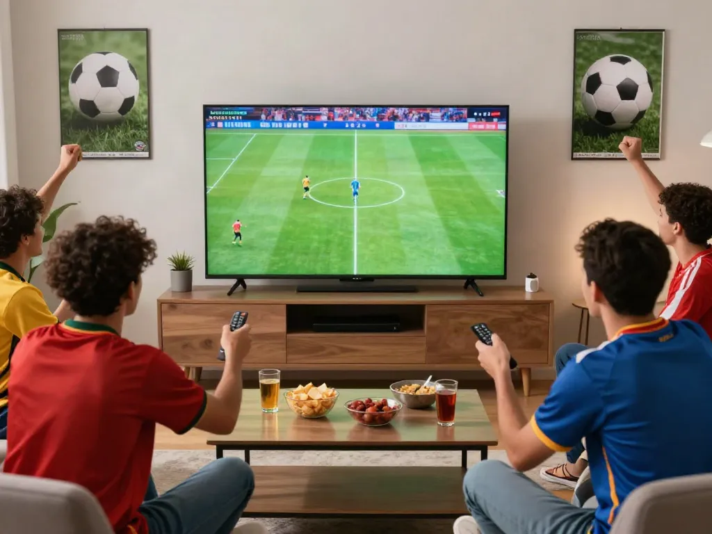 Friends enjoying a live football match on Gavangtv in their vibrant living room.