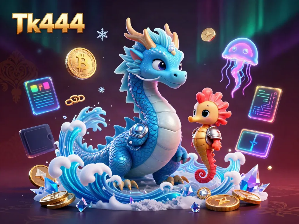 Engage in gaming bliss with Tk444 featuring a majestic azure water dragon and vibrant crypto elements.