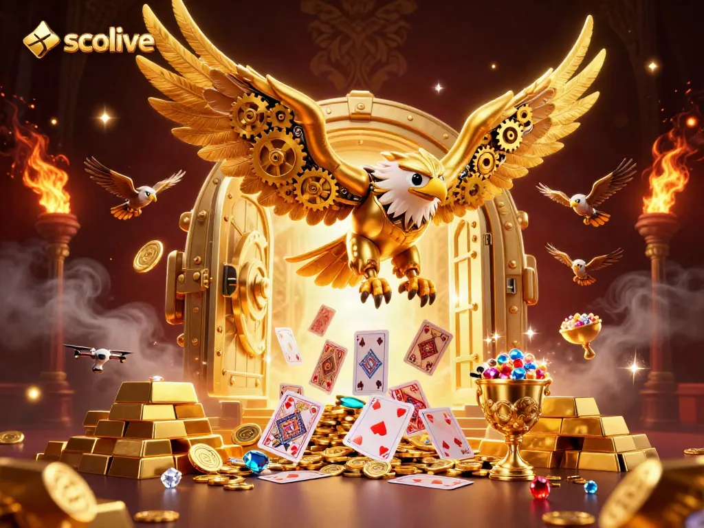 Experience the excitement of socolive with a cybernetic eagle soaring through dynamic holographic casino elements.
